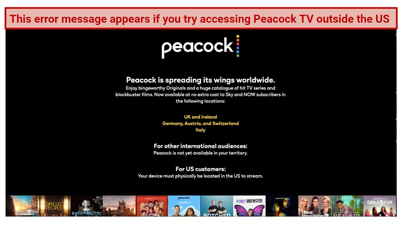A screenshot of an error message that appears when you try accessing Peacock TV outside of the US