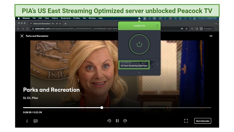 A screenshot of Brooklyn Nine-Nine playing on Peacock TV while connected to Private Internet Access's US East Streaming Optimized Server