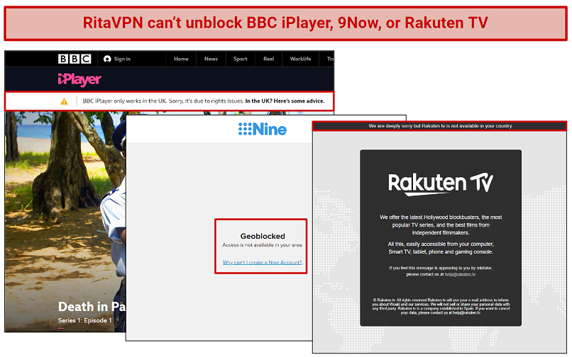 A screenshot that shows several of the services RitaVPN is blocked by.
