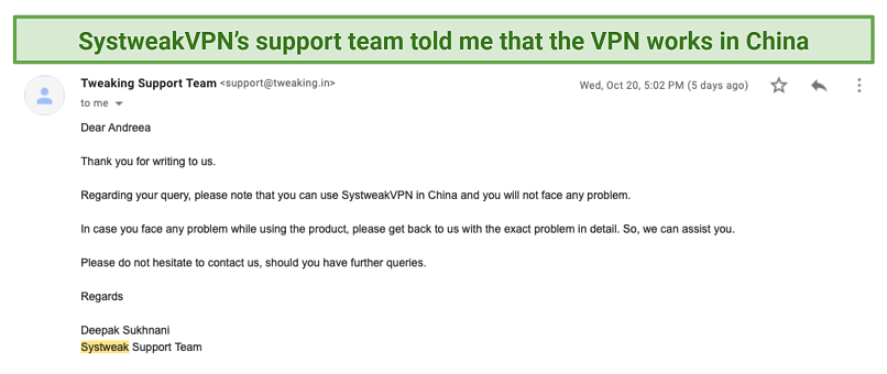 screenshot of SystweakVPN's support answer regarding its performance in China