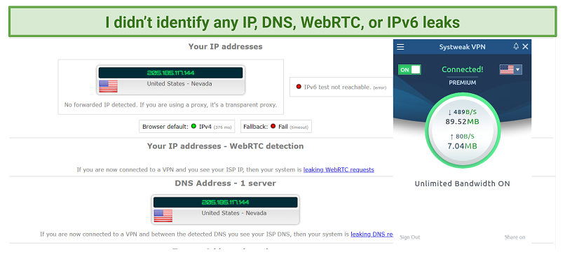 screenshot of SystweakVPN's DNS and IP leak tests