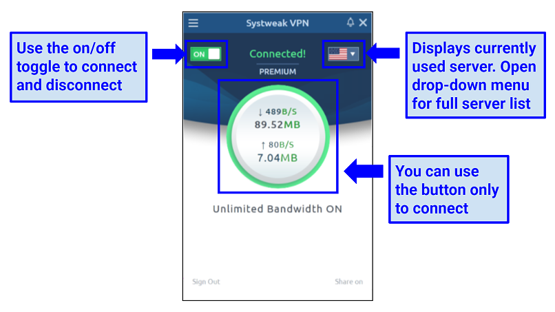 screenshot of SystweakVPN's UI