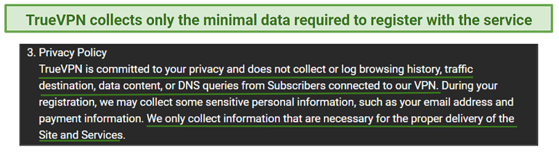 A screenshot of TrueVPN's privacy policy.