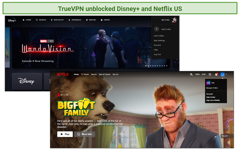 A screenshot showing Disney+ and Netflix US accounts open and working while using TrueVPN.