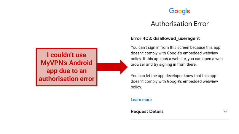 screenshot of MyVPN's Android error