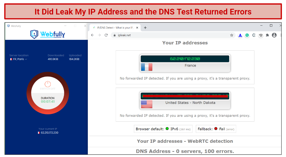 A screenshot of the DNS/IP leak test results for Webfully VPN.