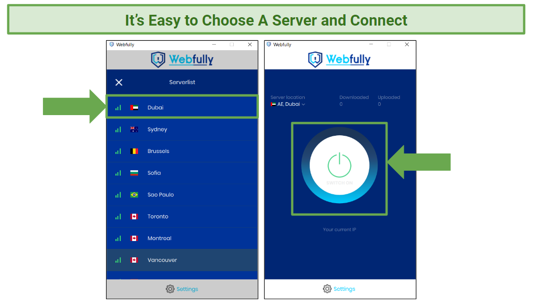 A screenshot showing the server list and connection button for Webfully VPN.