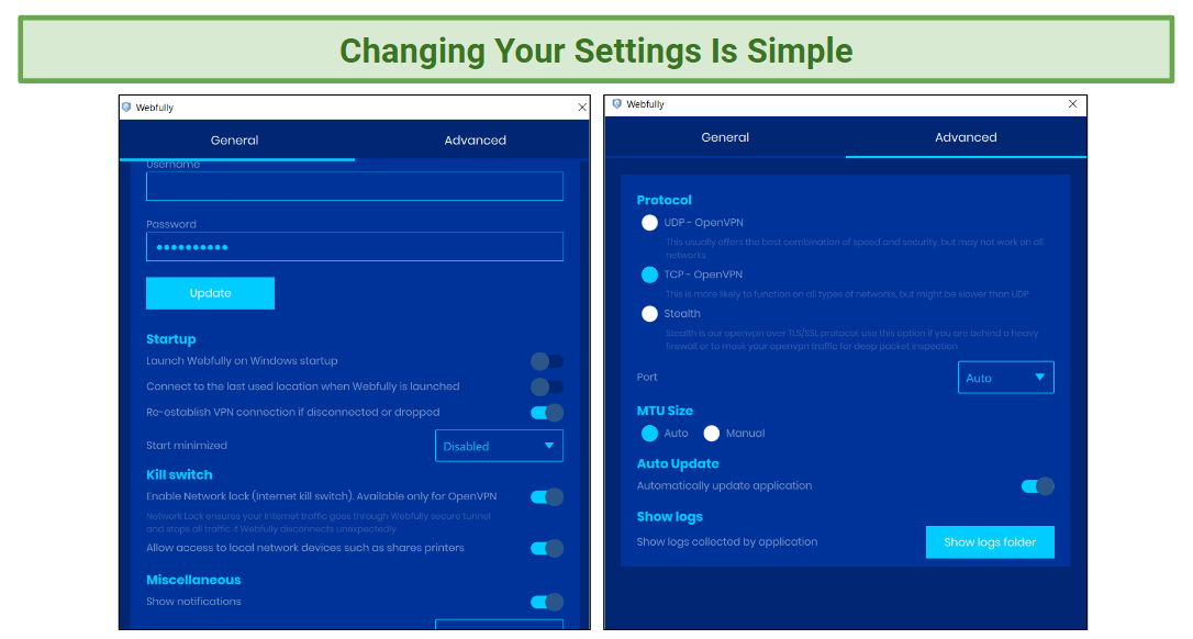 A screenshot showing Webfully VPN's settings panels.