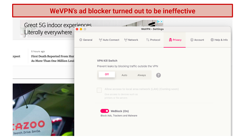 Screenshot showing that WeVPN's ad blocker doesn't work