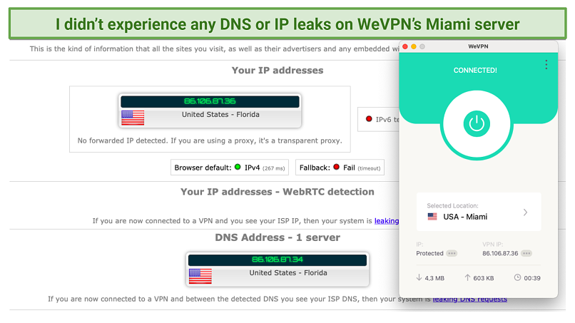 A screenshot of leak testing performed on WeVPN, showing no IP, DNS, or WebRTC leaks