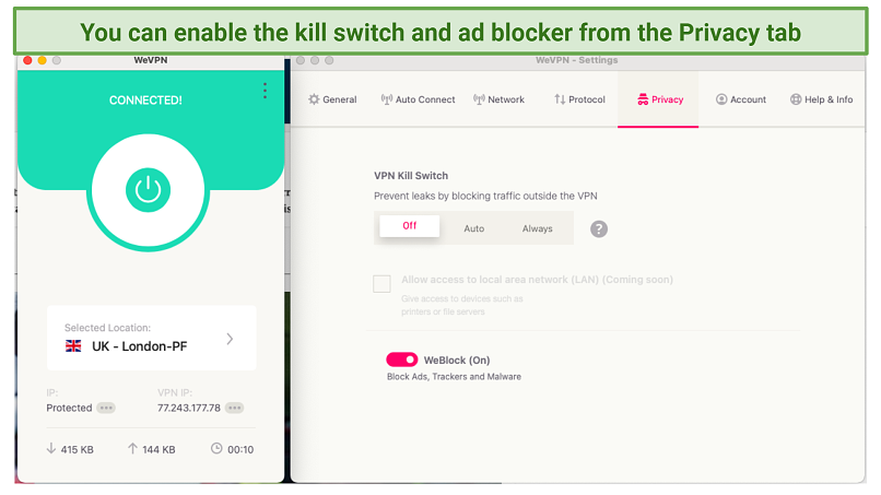 Screenshot of the kill switch in WeVPN's settings