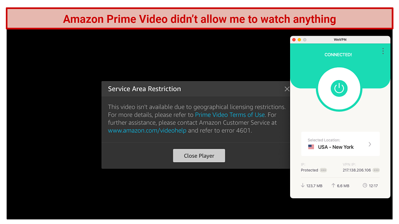 A screenshot of Amazon Prime Video's georestriction warning with WeVPN overlayed