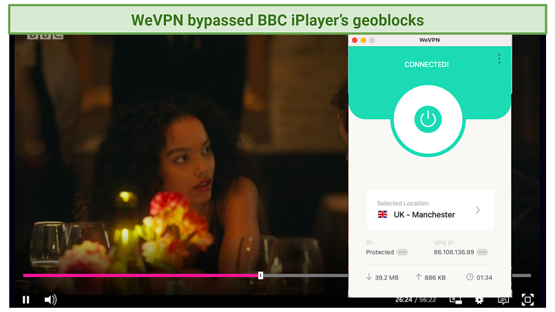 A screenshot of WeVPN unblocking BBC iPlayer