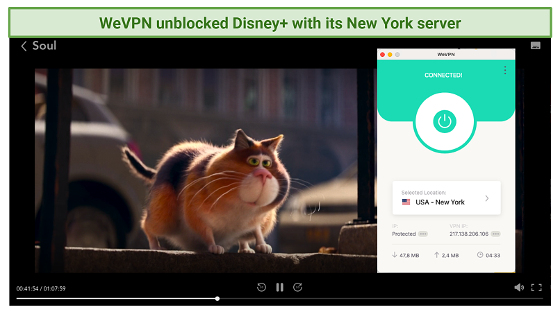 A screenshot showing WeVPN unblocking Soul on Disney+