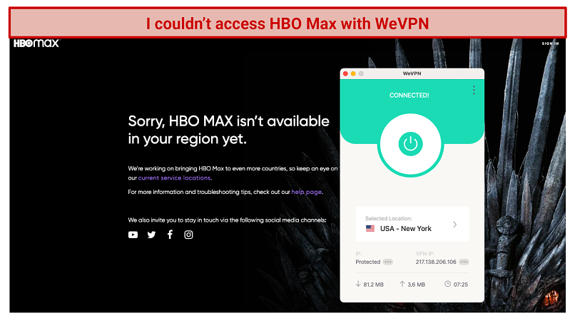 A screenshot showing that WeVPN is incapable of bypassing georestrictions on HBO Max