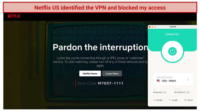 A screenshot showing that WeVPN was detected and blocked by Netflix