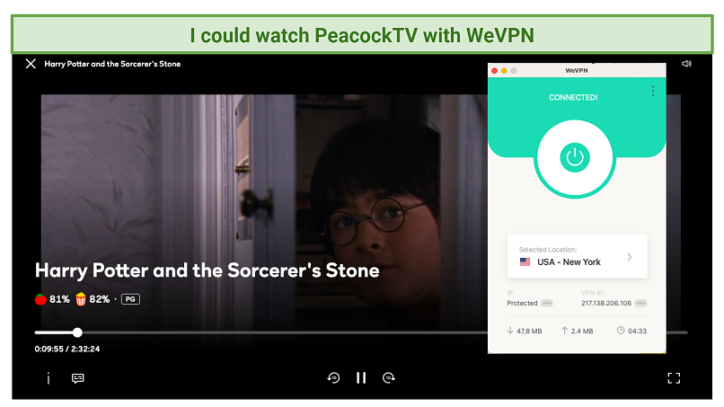 A screenshot of PeacockTV showing Harry Potter and the Sorcerer's Stone after being unblocked by WeVPN