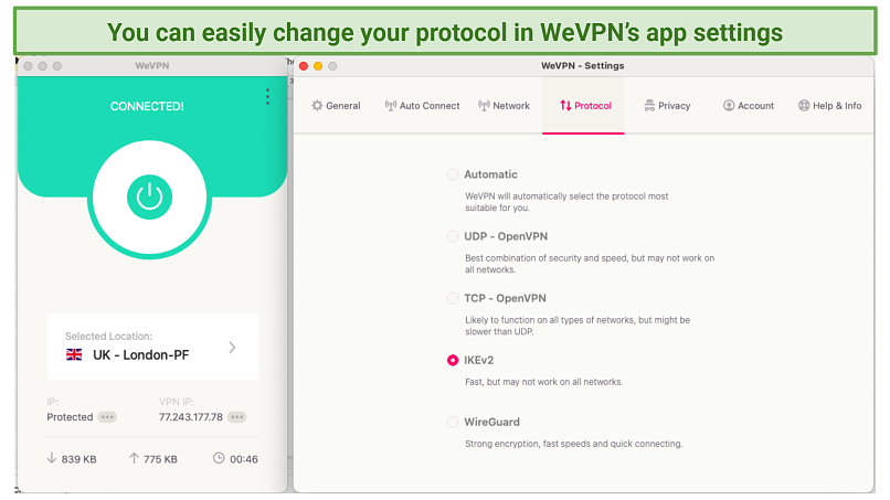 Screenshot of the settings in the WeVPN app