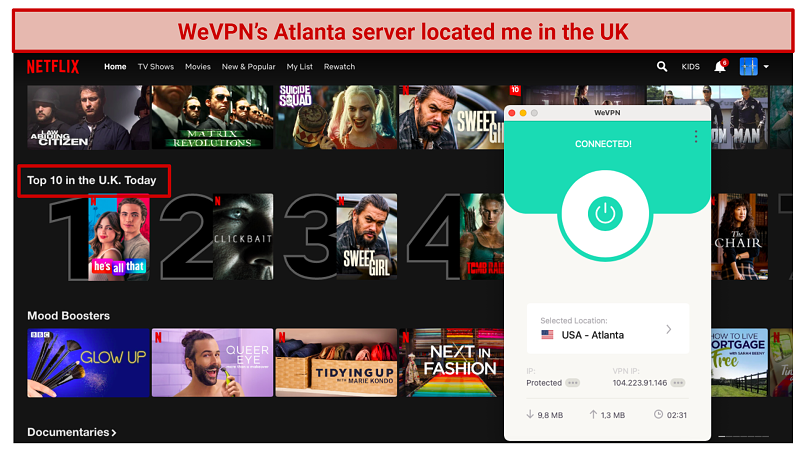Screenshot of Netflix UK, showing that WeVPN provided an incorrect server location