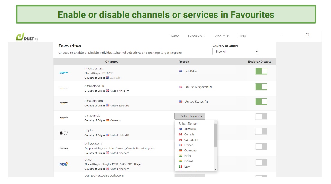 DNSFlex Smart DNS Favourites area.