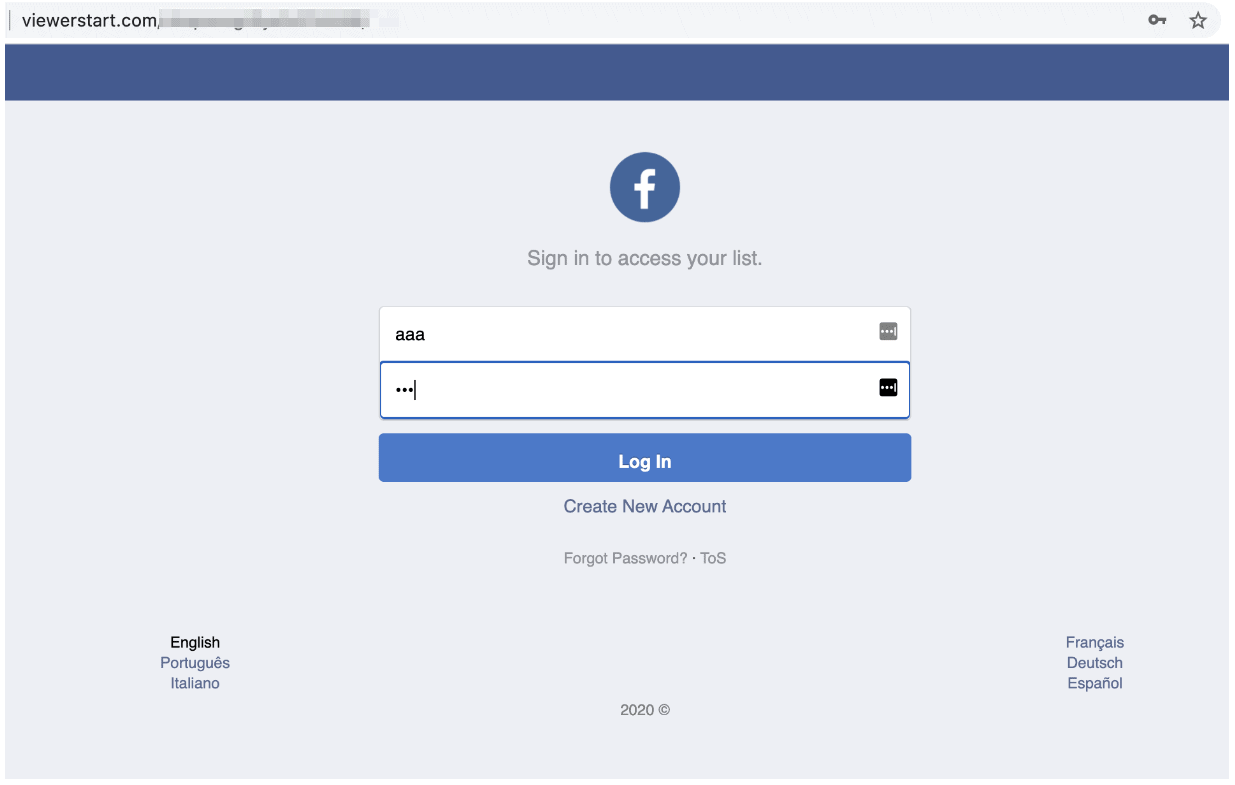 facebook scam fake login page