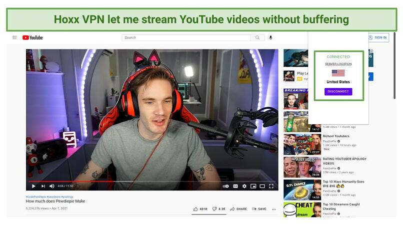 A screenshot of streaming a Pewdiepie video on YouTube while connected to Hoxx VPN US server.