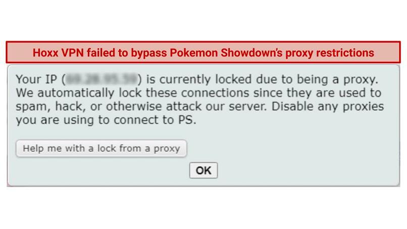 A screenshot of a VPN error message received on the Pokemon Showdown website.