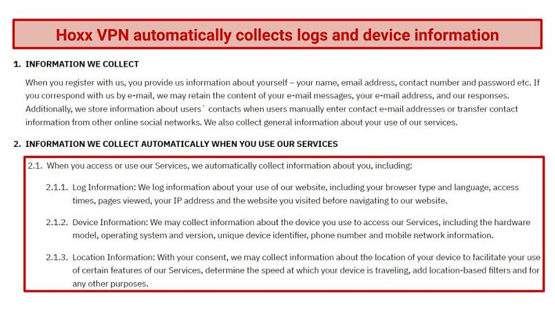 A screenshot of Hoxx VPN's privacy policy about the information that it collects from its users