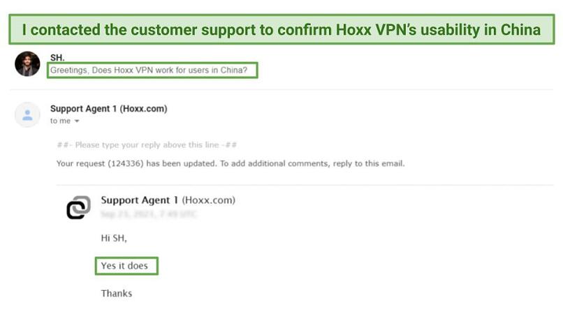 A screenshot of a response by the customer support team at Hoxx VPN through email.