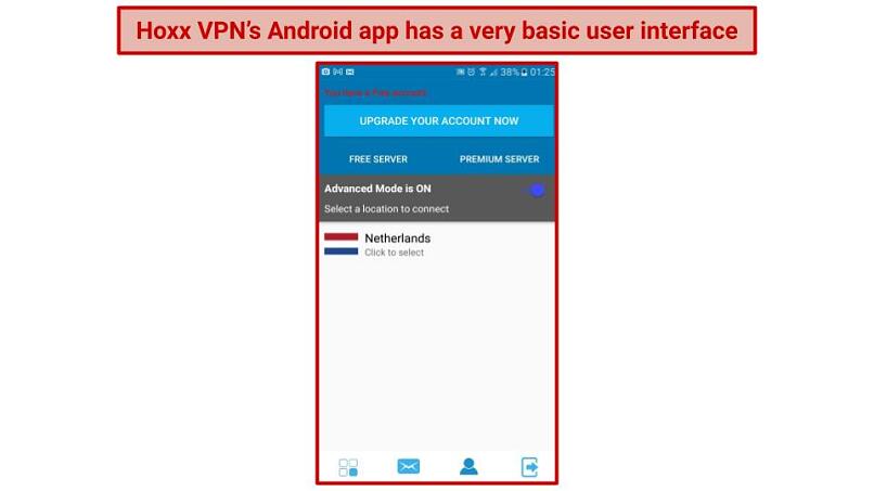 A screenshot of the Android app of Hoxx VPN