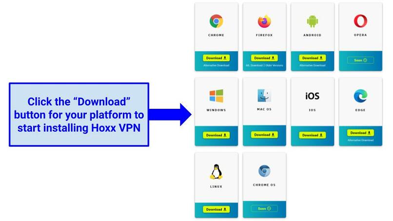 A screenshot from the official Hoxx website showing different platforms supported by Hoxx VPN
