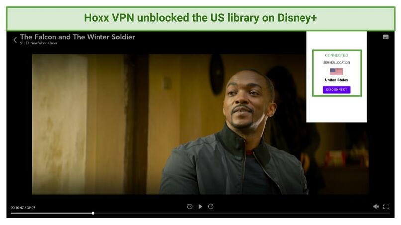 A screenshot of streaming on Disney+ while connected to the Hoxx VPN US server.