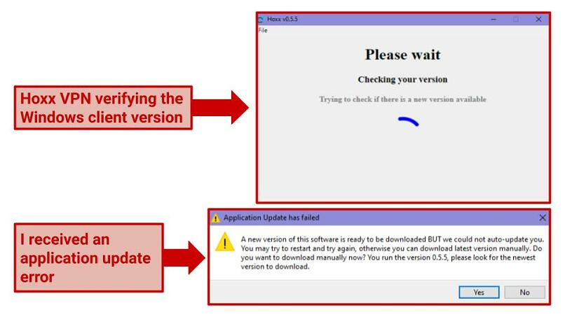 Screenshot of an error message appearing on the Hoxx VPN desktop client.