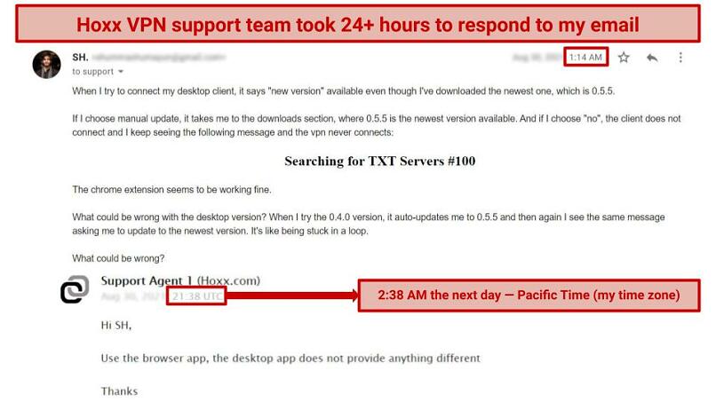 Screenshot of a response by Hoxx VPN customer support team.