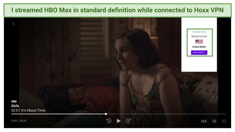 Screenshot of streaming a show on HBO Max using Hoxx VPN US server.