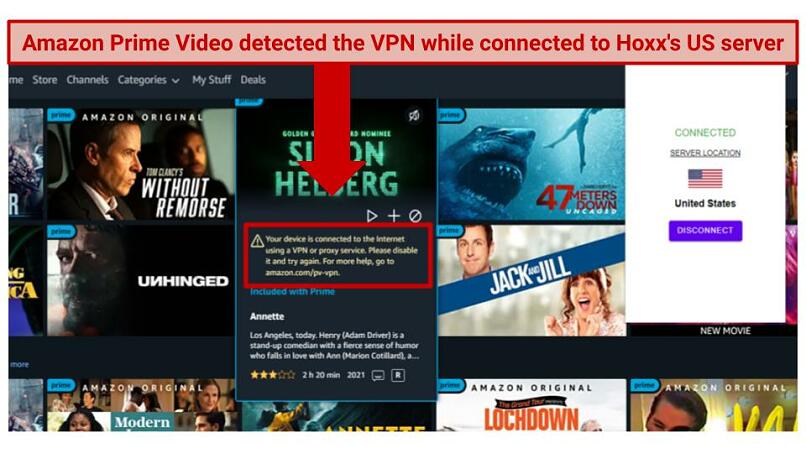 Screenshot of an error message appearing on the Amazon Prime Video homepage while connected to Hoxx VPN.
