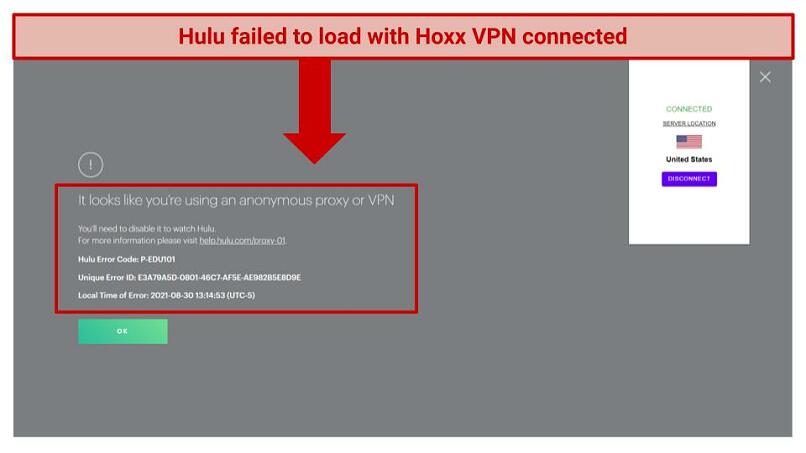 A screenshot of an error message appearing on Hulu website while connected to Hoxx VPN.