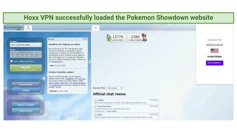 A screenshot of the Pokemon Showdown homepage while connected to Hoxx VPN US server.