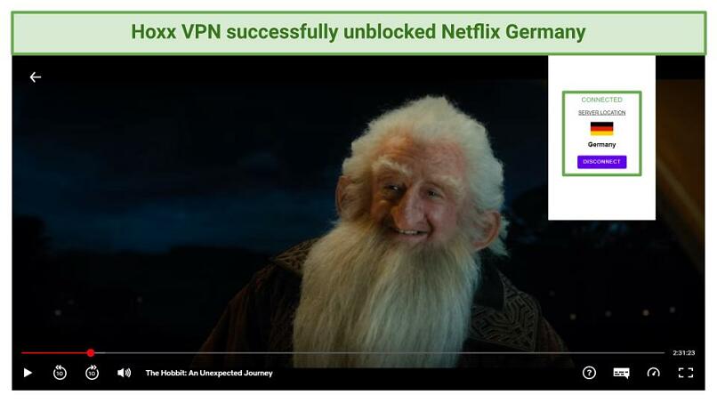 Screenshot of a movie on Netflix Germany while connected to Hoxx VPN.