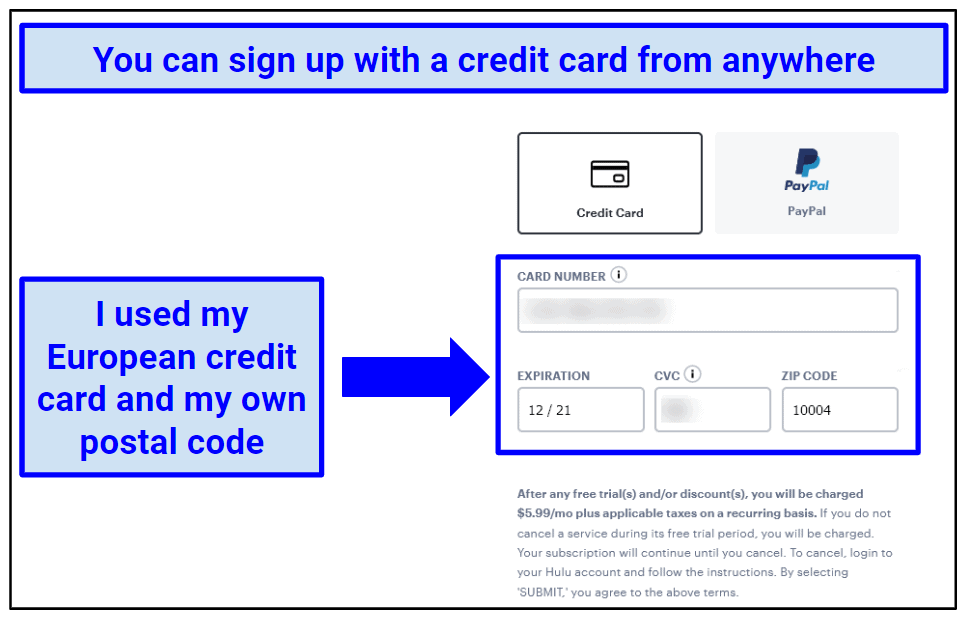 Graphic showing Hulu's payment screen with a note indicating that an international credit card was used.