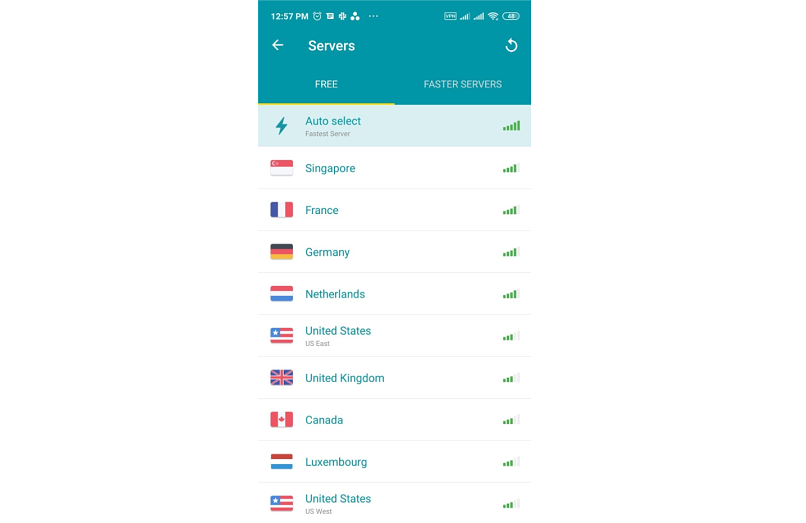 A screenshot of Thunder VPN servers on the free app version