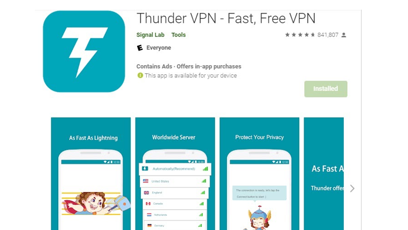 A screenshot of Thunder VPN download page on Google Play