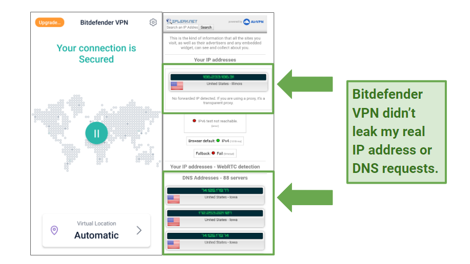 A screenshot of a connection to a Bitdefender server and the results of the DNS/IP leak test.