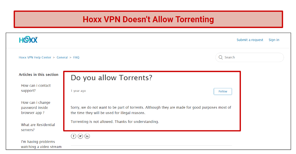 A screenshot of Hoxx VPN's FAQ regarding torrenting.