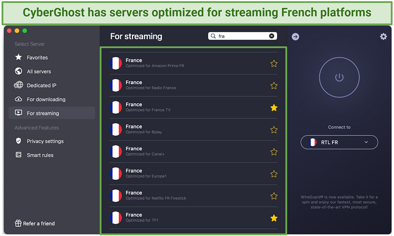 A screenshot of CyberGhost's servers optimized for streaming French platforms
