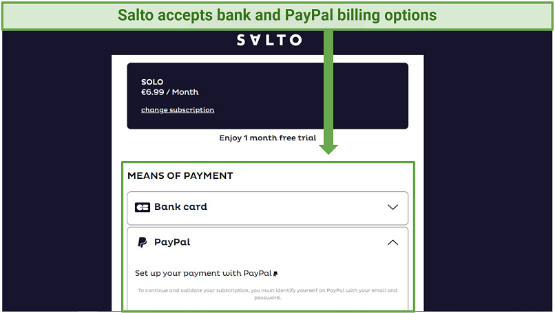 A screenshot of payment options supported on Salto