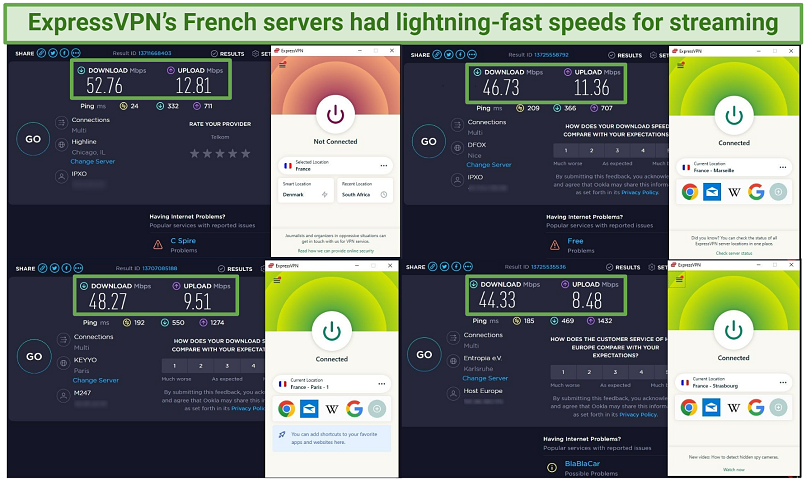 A screenshot of the speed test results using ExpressVPN's French servers in Marseille, Paris, and Strasbourg