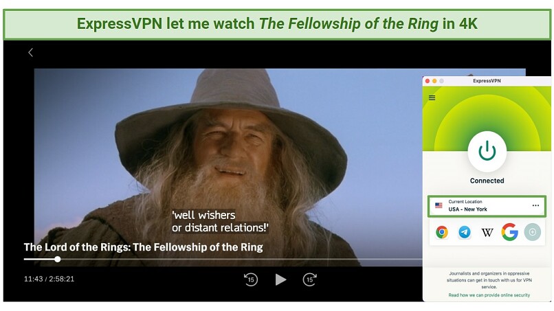 A screenshot showing The Fellowship of the Ring playing on HBO MAx while connected to ExpressVPN's US servers.