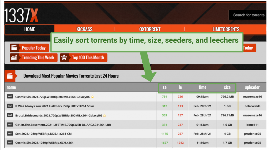 Sorting torrents on 1337x