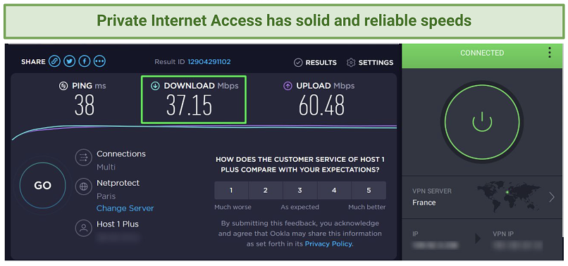 A screenshot of PIA's speed test results while connected to its server in France